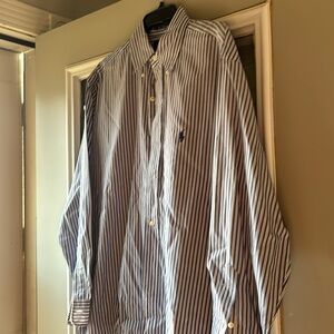 Blue and white stripe , long sleeve , button up polo by Ralph Lauren dress shirt